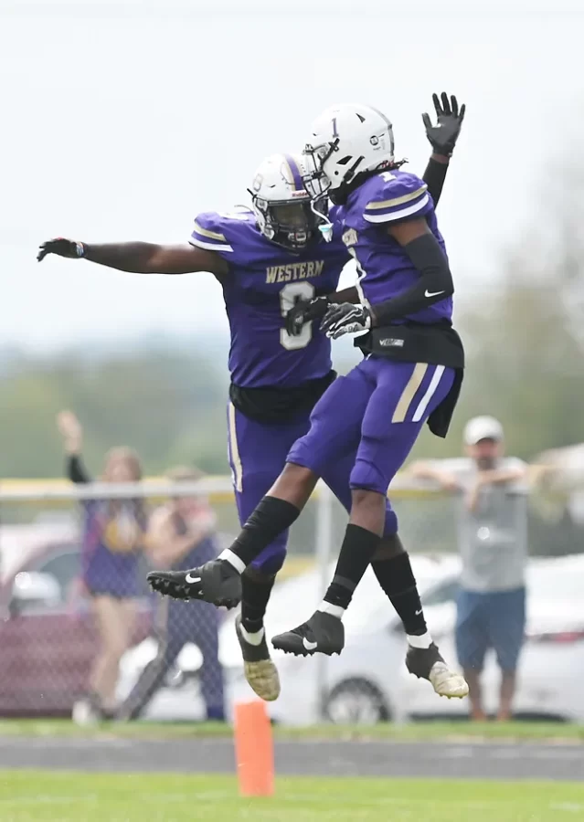 Mikey Crawford and Dorian McGhee celebrate a touchdown during the Golden Beaver’s game against Hopewell / Sally Maxson BCT