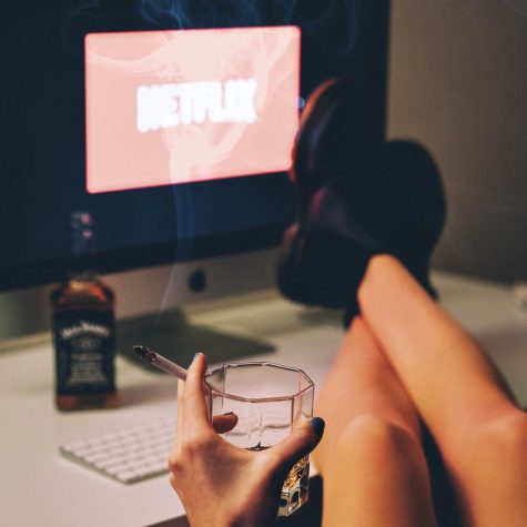Photo of the Netflix logo and a girl drinking alcohol.