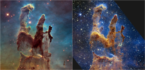 A comparison photo between the older photo of Pillars of Creation (left) and the newest photo (right) taken by the James Webb space telescope.